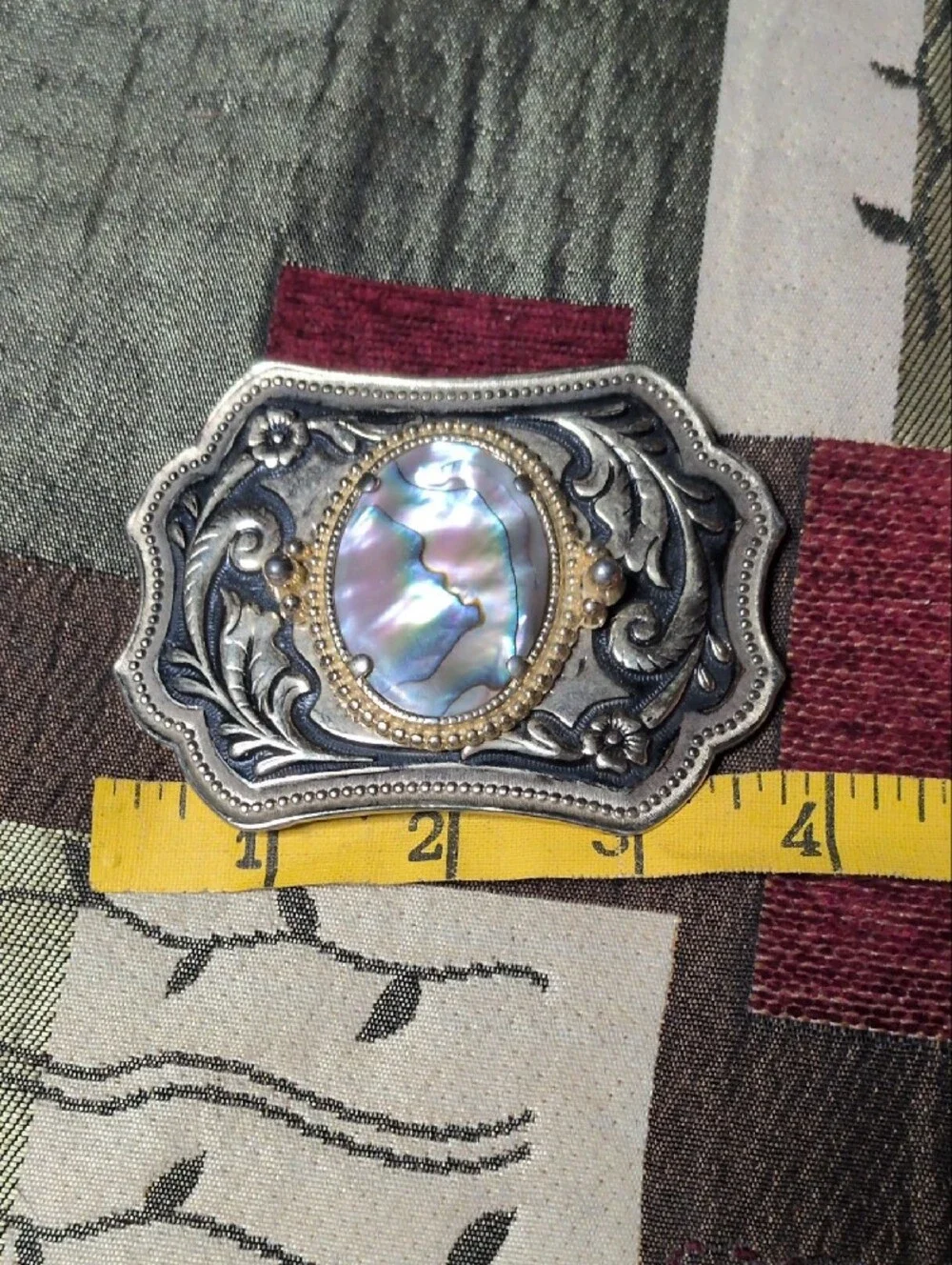Ornate Abalone Shell Buckle in Silver Tone